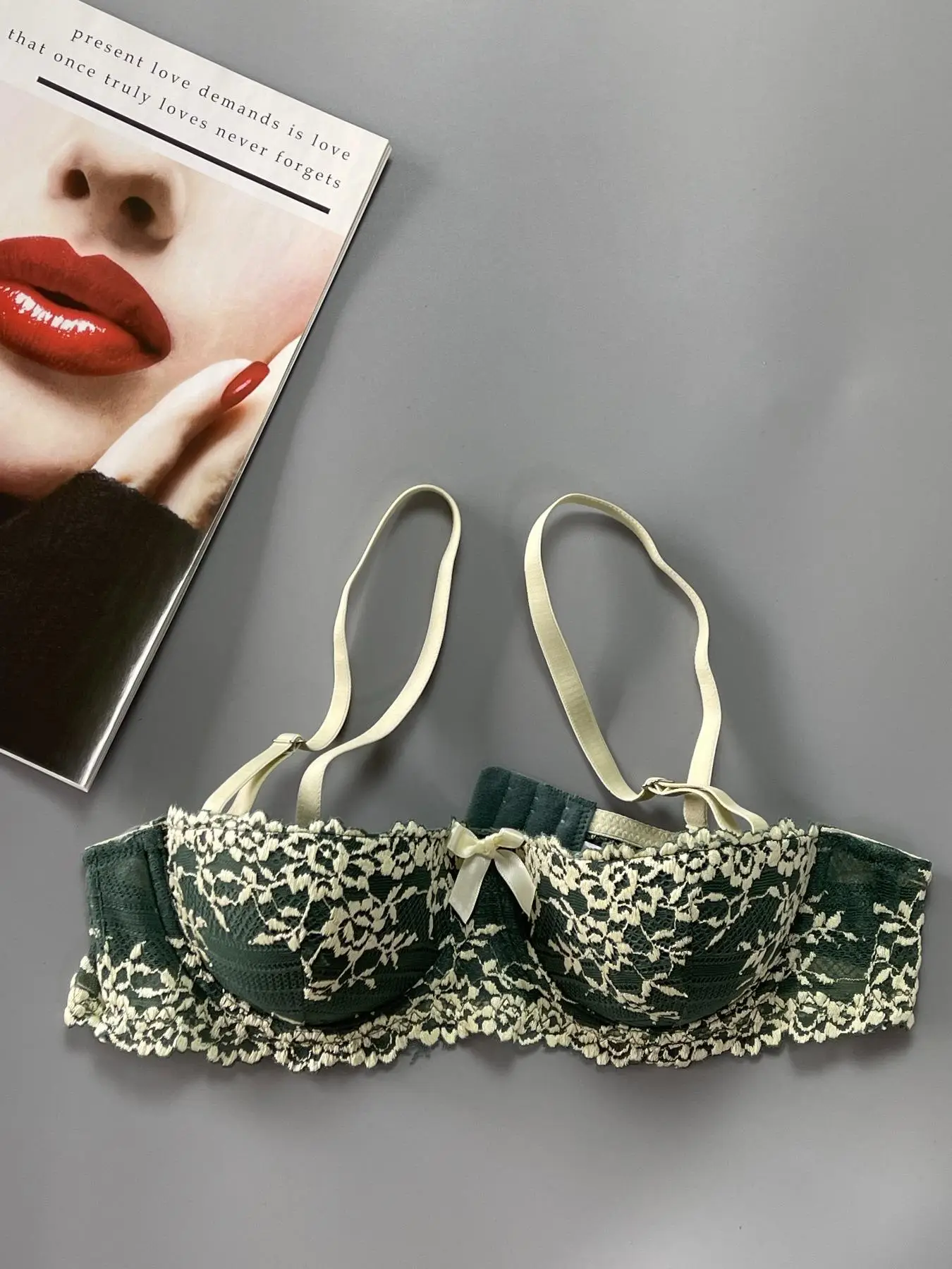 Women's Chic Bow Decor Underwire Lace Bra, Lady Sexy Elegant Comfort Floral Print Adjustable Spaghetti Strap Push Up Bra, Bras for Women, Fashion Unde