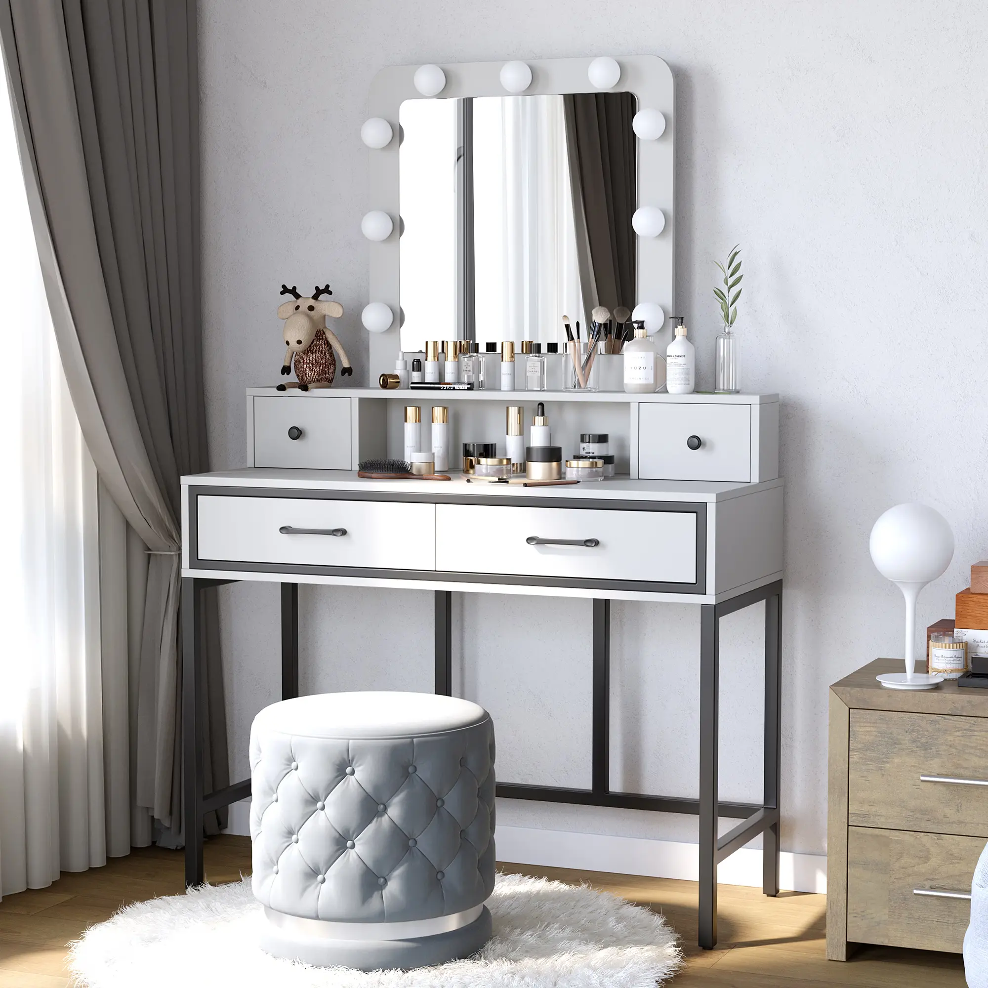 Spaco White Vanity Desk with Brown Top, Modern Hollywood Mirror, 3-Color Dimmable Lights, 4 Drawers - Large Bedroom Makeup Vanity That Requires Assembly