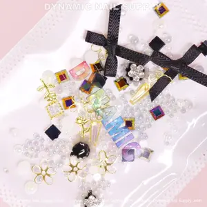 Luxury White Pearls, Colorful Flowers Set (Black Theme) For Nail Art Design