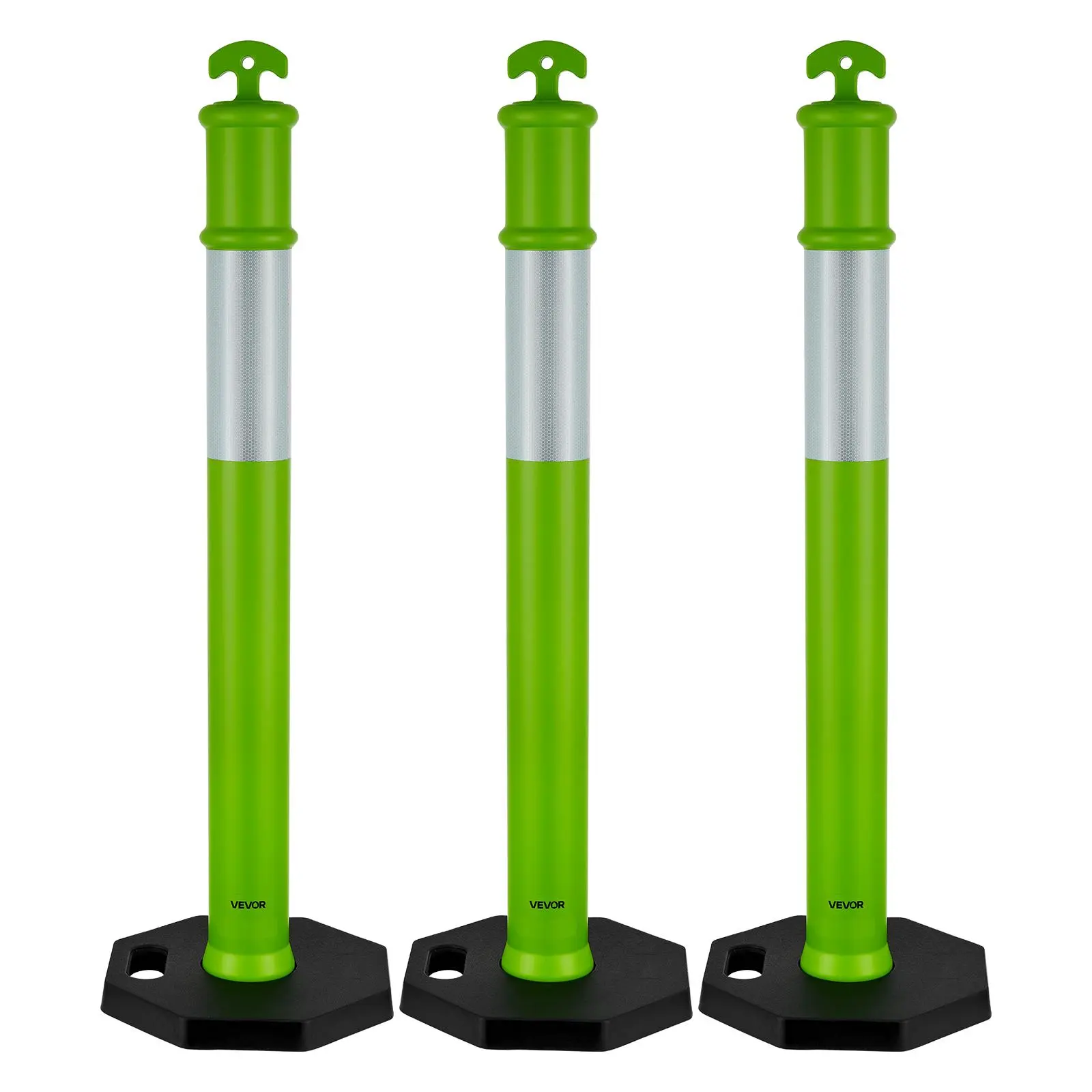 VEVOR 3-Pack 45in Heavy Duty Traffic Posts, Octagonal Rubber Base, Reflective Strips, Wind-Resistant, Flexible, Portable, Outdoor Safety Marker for Construction Sites, Vehicle Traffic Control, Green Work Safety Equipment