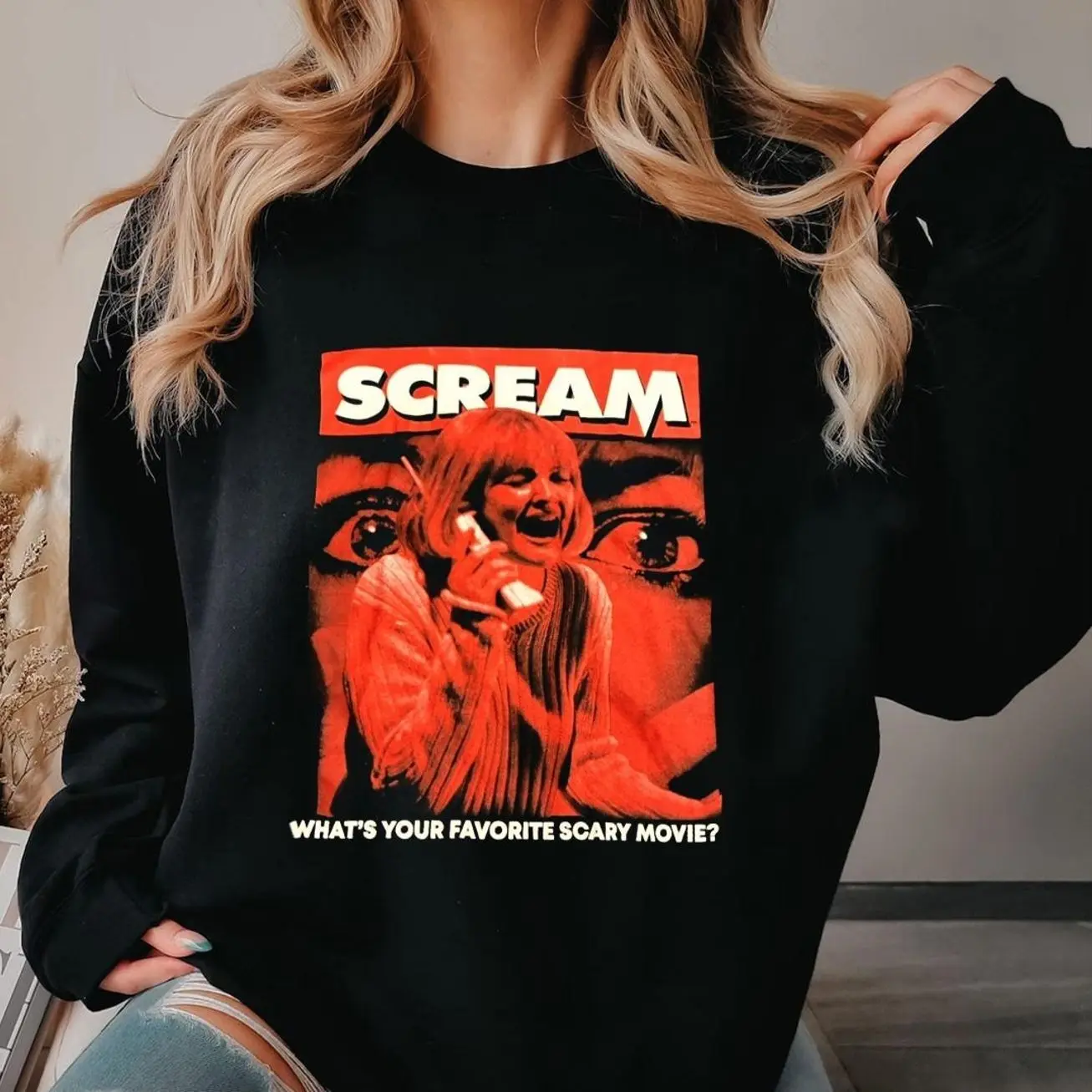 Women's Vintage Scream Casey Becker Fitted Casual Cotton Fabric Comfortable Retro Halloween Sweatshirt - "What's Your Favorite Scary Movie?" Ghostface Horror Shirt, Halloween Gift 4GN