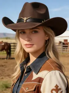 Vintage Western Cowboy Hat with Rivet Bull Head Decoration, Wide Brim Sun Hat for Outdoor Cycling Party Performance, Unisex Retro Style