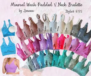 Zenana Ribbed Cropped Mineral Washed V Neck Padded Tank Top Brami Bralette 6175, Soft & Stretchy Comfortable Womenswear Crop with removeable pads