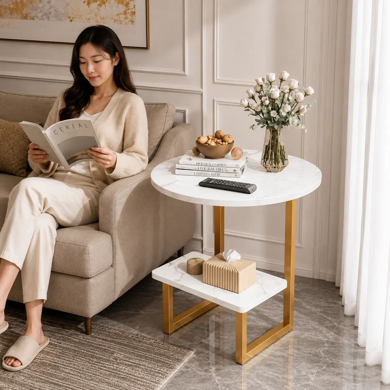 Modern Round Side Table with Storage Shelf, Walnut Wood Finish & Black Metal Frame, Space-Saving Sofa Side Table for Living Room Bedroom Small Spaces, Rustic End Table with Open Storage Rack