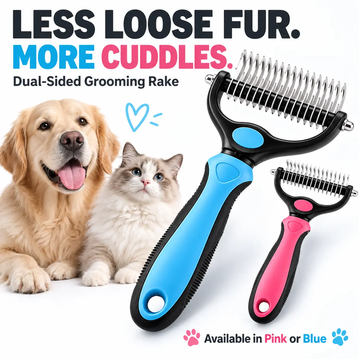 Pet Pro Dual-Sided Deshedding Brush for Dogs & Cats, 9/17-Tooth Grooming Rake for Mats, Tangles & Loose Undercoat, Non-Slip Grip double-sided