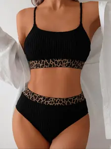 Women's Leopard Print Bikini Set, Casual Comfortable Swim Top & Swim Bottom Swimsuit for Beach Holiday Vacation, Ladies Swimwear for Summer, Tankini Swimsuits Women, Tankini Tops, Swimming Suit