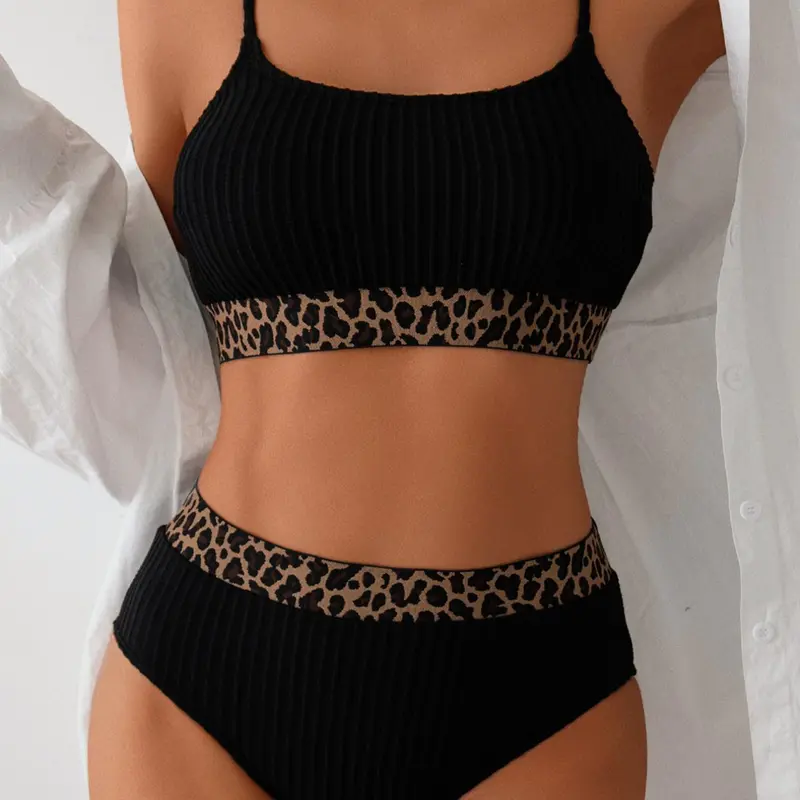 Women's Leopard Print Bikini Set, Casual Comfortable Swim Top & Swim Bottom Swimsuit for Beach Holiday Vacation, Ladies Swimwear for Summer, Tankini Swimsuits Women, Tankini Tops, Swimming Suit, Tankini Outfit, Bathing Suit Bikini, Beach Swimwear Clothes