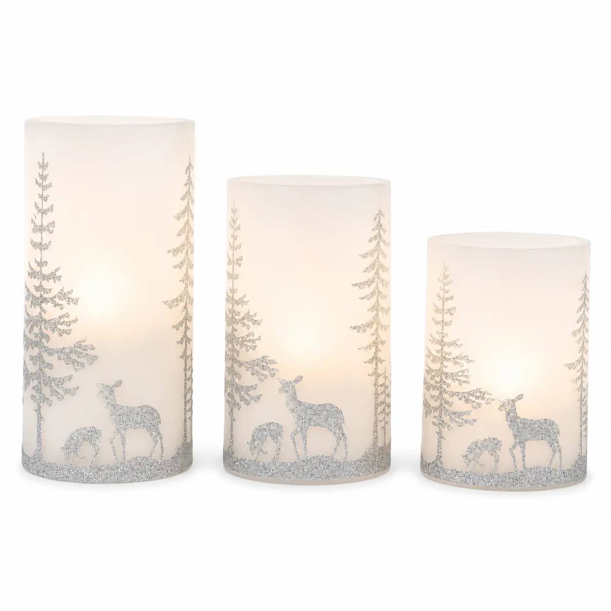 Deer and Trees Wax Flameless Holiday Pillar Candle Set of 3, Silver Tone LED Flickering Candles with Remote Control, Battery Operated Christmas Candle Décor, Winter Woodland Centerpiece for Mantel, Tabletop, Living Room & Seasonal Home Decorations