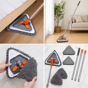 360-Degree Rotating Triangle Flat Mop with 2m Extendable Rod, Chenille Microfiber Mop for Floors, Walls - Includes 3 Fiber Cloths, 3 Chenille Cloths, Washable Pads, 2M Rod + 3 Fiber Cloths + 3 Chenille Cloths
