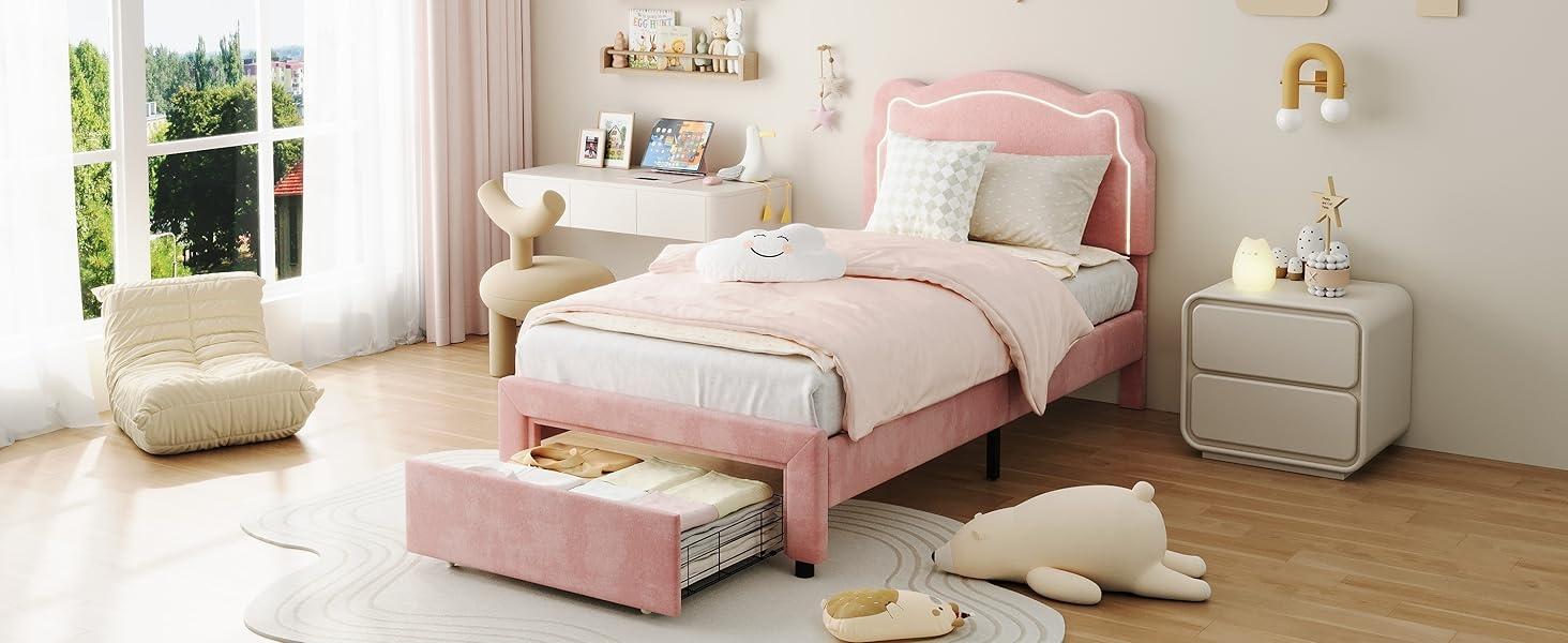 Twin Upholstered Smart LED Bed Frame With Adjustable Headboard, Velvet Princess Platform Bed Frame , Wooden Slats Support, No Box Spring Needed, Easy Assembly,Pink Twin Upholstered Smart LED Bed Frame With Adjustable Headboard, Velvet Princess Platform Bed Frame , Wooden Slats Support, No Box Spring Needed, Easy Assembly,Pink