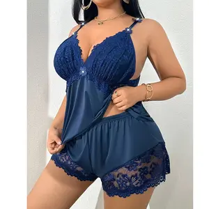 Foreign trade European and American plus-size lace sexy pajamas two-piece set, sexy camisole and shorts set, pure desire home wear