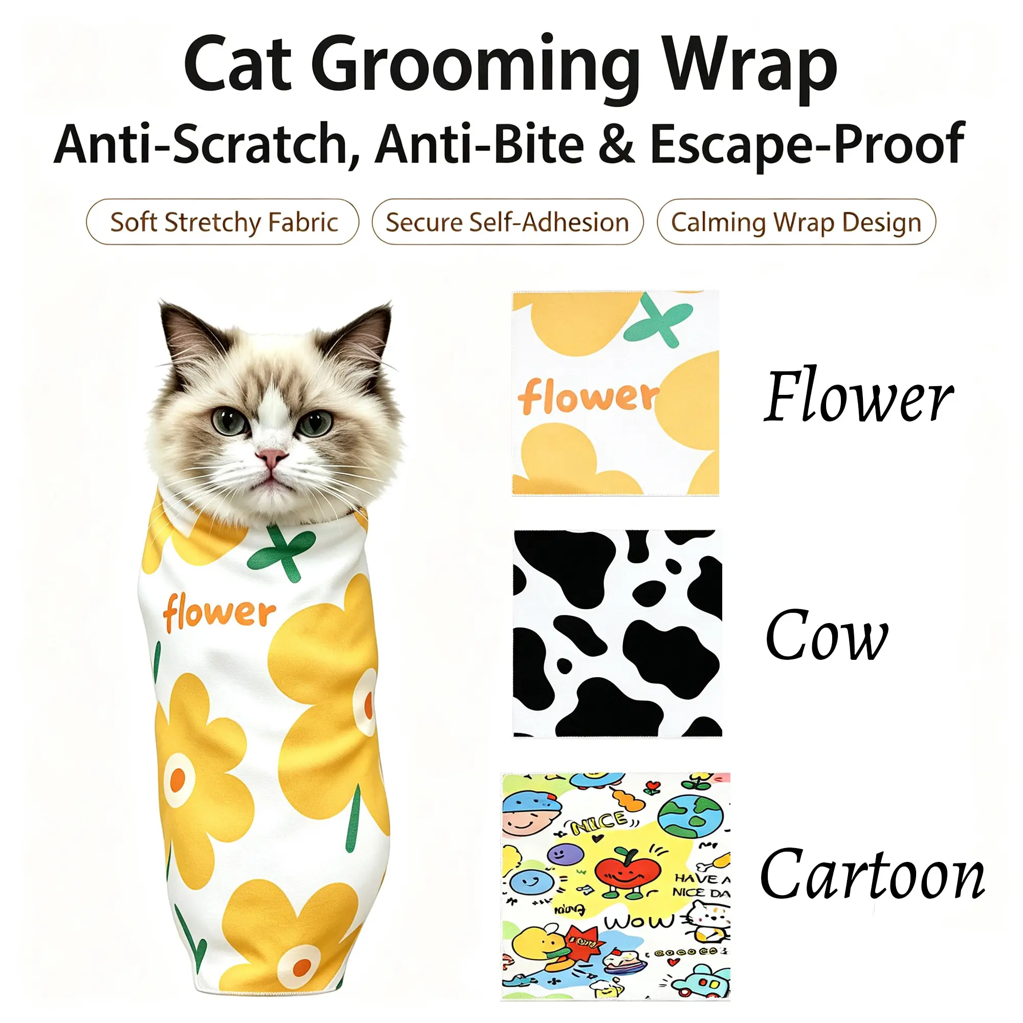 Cat Calming Grooming Wrap, Anti Scratch Anti Bite Cat Restraint Bag for Nail Trimming Bathing Vet Visits, Soft Plush Inside Washable Cat Swaddle Blanket for Most Cats 5-15lbs