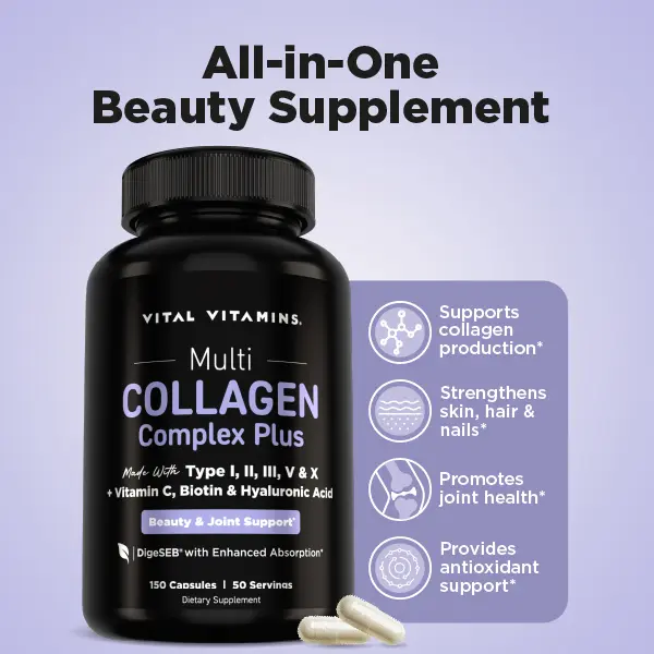 Multi Collagen Complex Plus - with Biotin, Hyaluronic Acid, Vitamin C - Type I, II, III, V, X - for Women & Men - Hair, Skin, Nails Beauty Complex - 150 Capsules