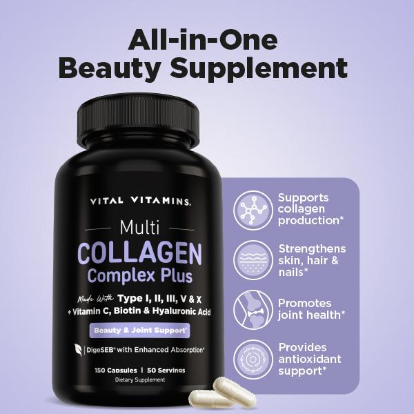 Multi Collagen Complex Plus - with Biotin, Hyaluronic Acid, Vitamin C - Type I, II, III, V, X - for Women & Men - Hair, Skin, Nails Beauty Complex - 150 Capsules