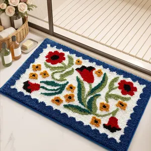 Vintage Oil Painting Style Bath Mat, Bathroom Floor Mat, Floral Bath Mats, Absorbent Quick-Dry, Soft Comfortable, Multicolor Floral Pattern, Home Use, Quick Drying Mat