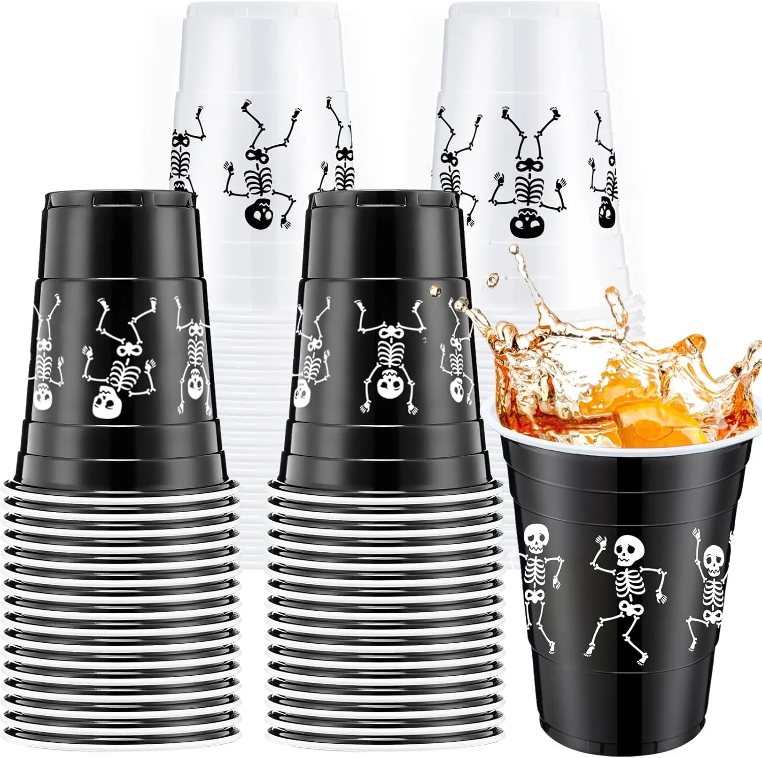 Skeleton Halloween Plastic Cups 16 oz Skull Printed Disposable Party Cups Funny Party Supplies for Soda Juice Drinking Punch Halloween Favors Home(Black White,30 Pcs)