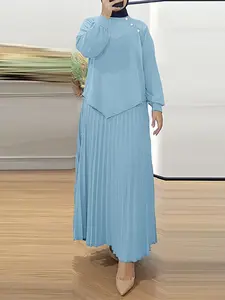 Women's Plain Color Set, Lantern Sleeve Long Sleeve Tunic Blouse, Pleated High Waist Skirt Design, Casual Daily Commute Wear, Two Piece Set Women