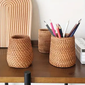 Rattan Pen Holder, Pencil Holder, Stationery Storage Organizer, 1 Count Durable Lightweight Desk Organizer Tidy, Desk Supplies Holder for Home, Office & School, Desk Accessories