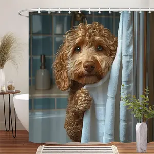 Adorable Poodle Puppy Peeking Over Bath Towel Digital Shower Curtain - Cute and Cozy Bathroom Decor with Realistic Dog Design, Hooks, Perfect Moving Gift, Bathroom Decor And Accessories