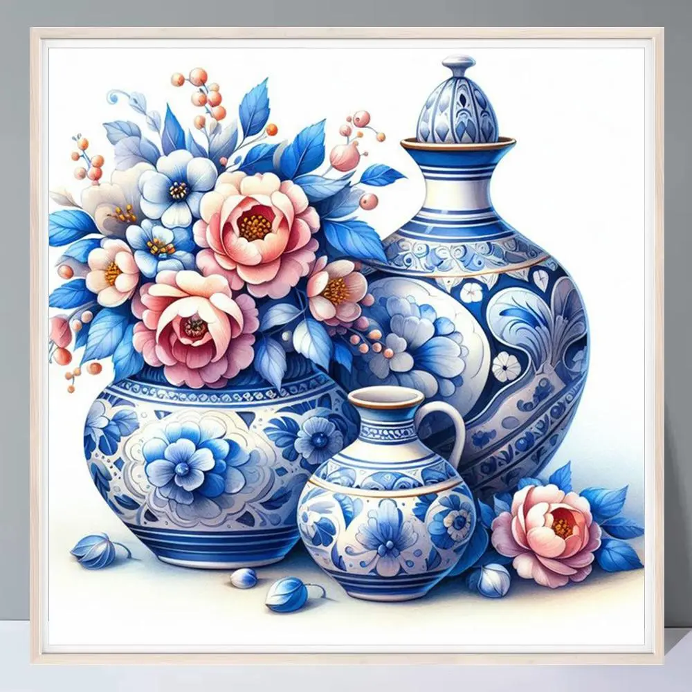 Celadon Vase With Pink Flower 5D Diamond Painting Set Canvas No Frame, Tool Kits Full Round Diamond Paint Classic Pattern Handmade Wall Decor