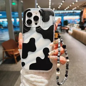 Cow Print Pattern Phone Case with Beaded Lanyard, Anti-drop Cellphone Protective Case, Total Protective Shockproof Mobile Phone Cover for iPhone