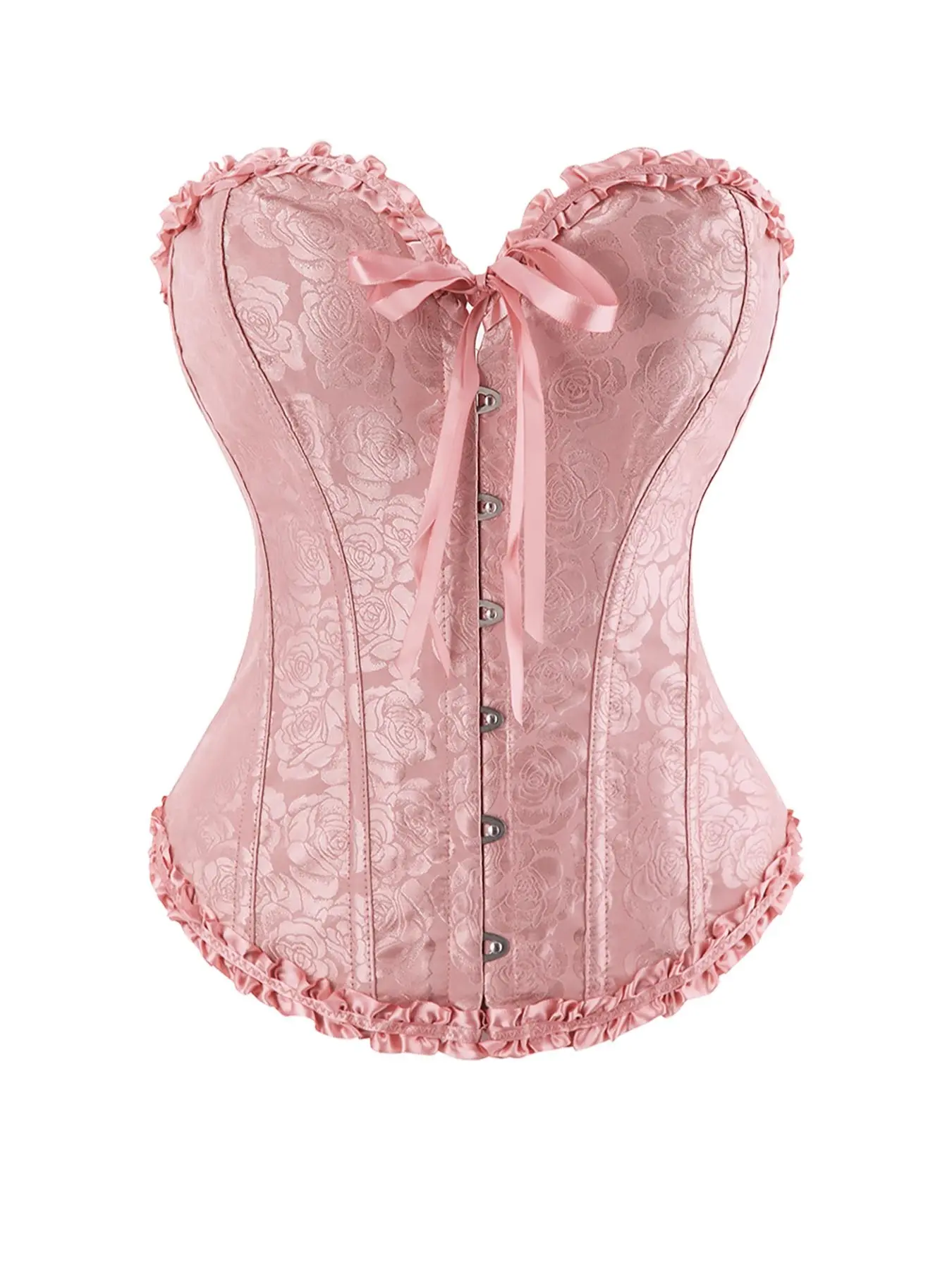 Women’s Pink Floral Brocade Overbust Corset Top - Ruffle Trim Sweetheart Bustier, Boned Lace-Up Back Waist Shaper, Vintage Gothic Victorian Shapewear for Party, Halloween Costume