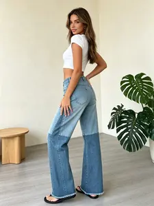 Two-Tone Patchwork Jeans, Y2K Style Raw Hem, High-Waisted Color Block, Stretchy Fashionable Denim Jeans, Unique Design for Women