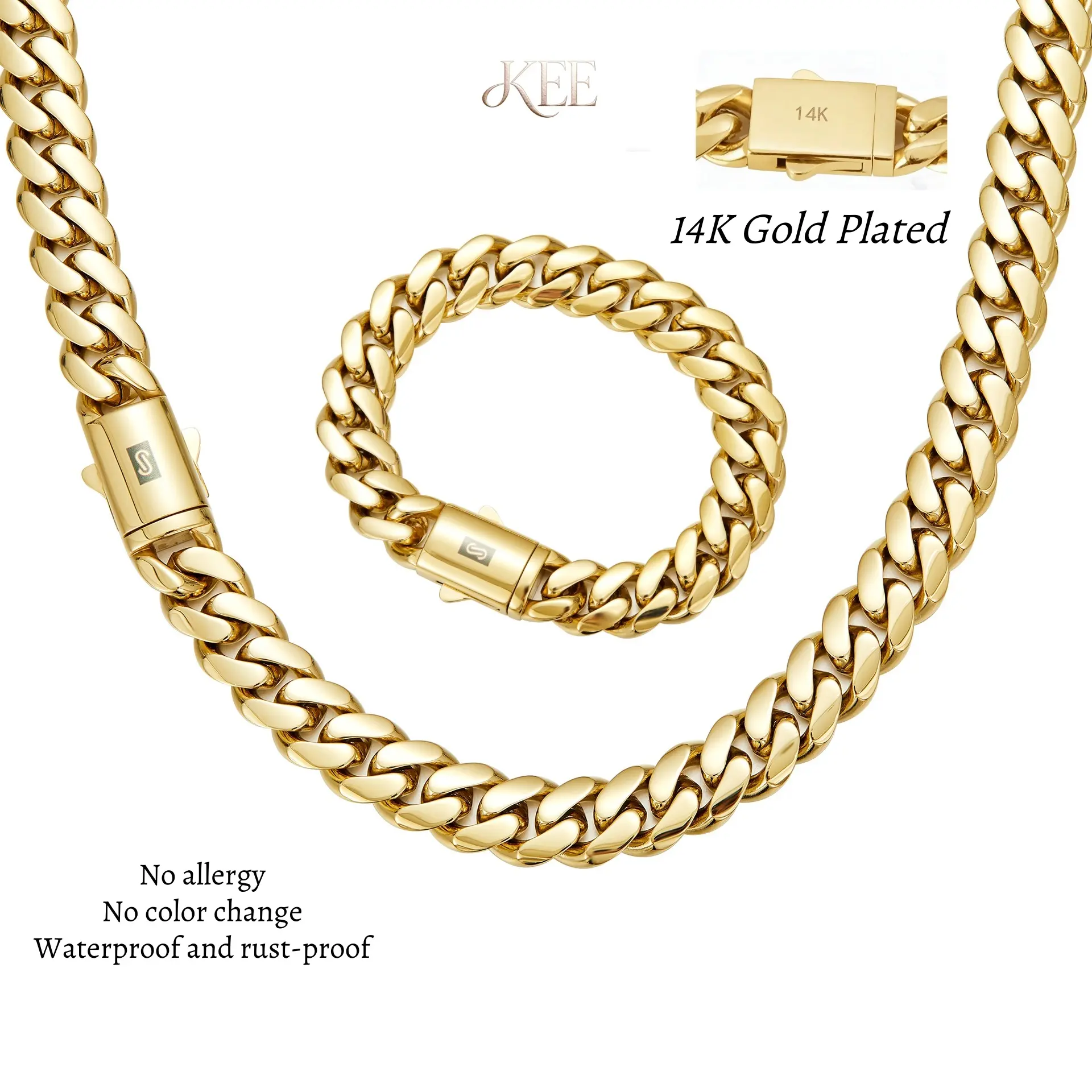 【Set】14K Gold Plated Steel Stainless Cuban Necklace Bracelet Set Vacuum Stainless Steel electroplating gold-plating process for rust prevention Miami hip-hop style fashion items  for Women & Men Daily Wear Fashion Gift Simple Sporty