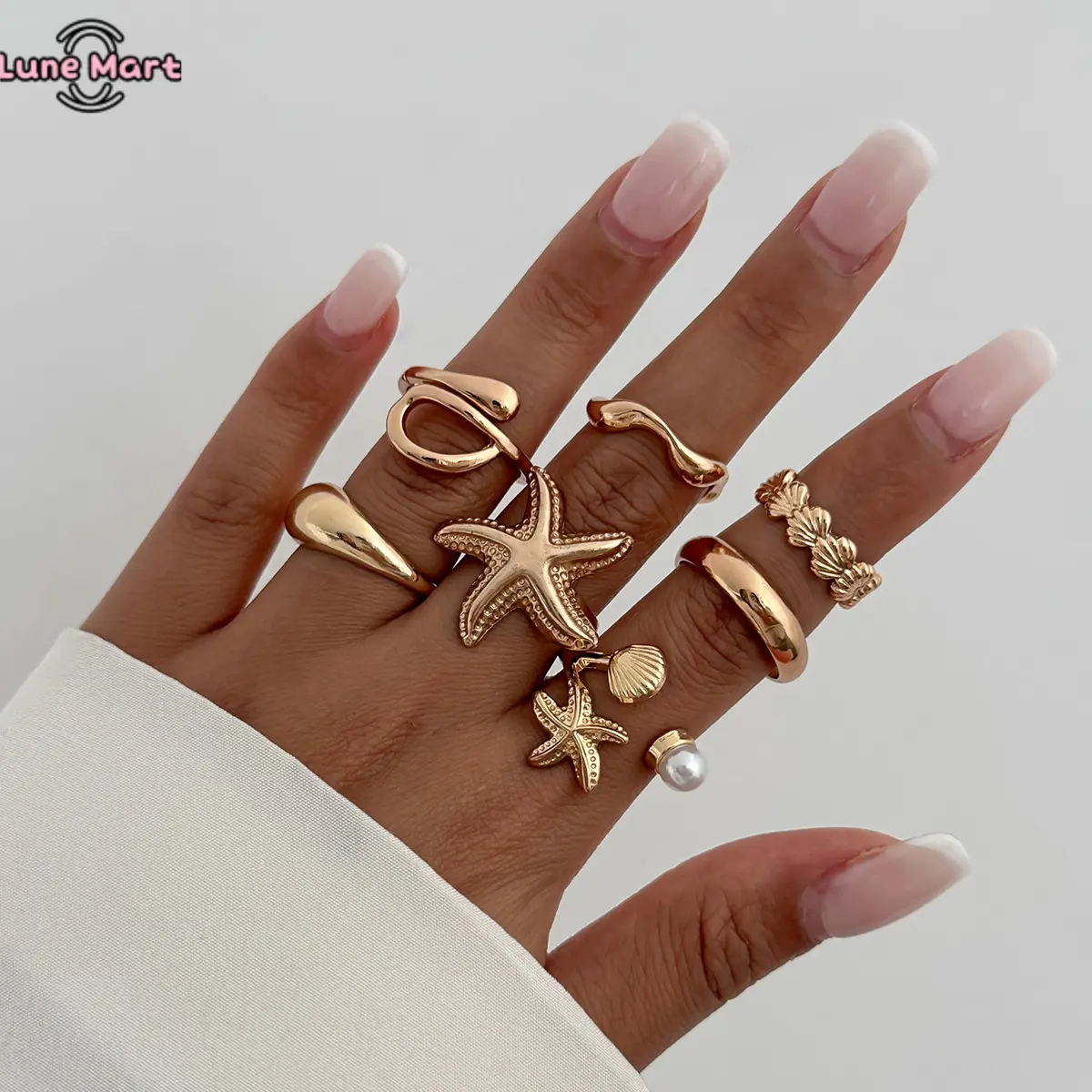 Women's 8-Piece Ocean-Style Charm Stackable Ring Set - Gold & Silver Tone, Adjustable Expanding Unit Set Rings, Starfish Seashell Dainty Pearl Accents, Beach Summer Costume Jewelry Accessories, Seashell Themed Rings