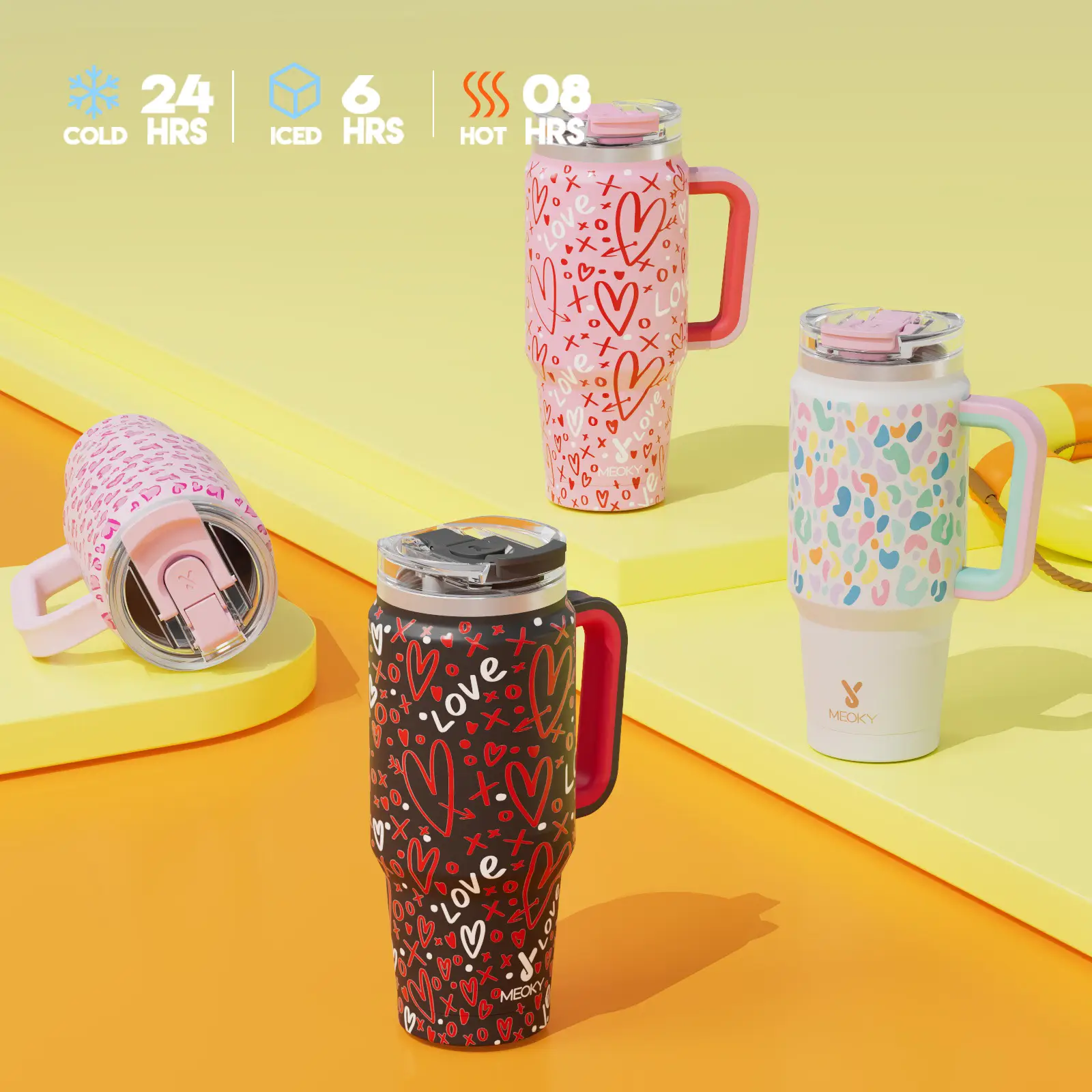 Meoky Double Mouth Car Mug with Handle, Reusable Vacuum Insulated Stainless Steel Coffee Mug, Keeps Cold for 24 Hours or Hot for 8 Hours, Holiday Gift