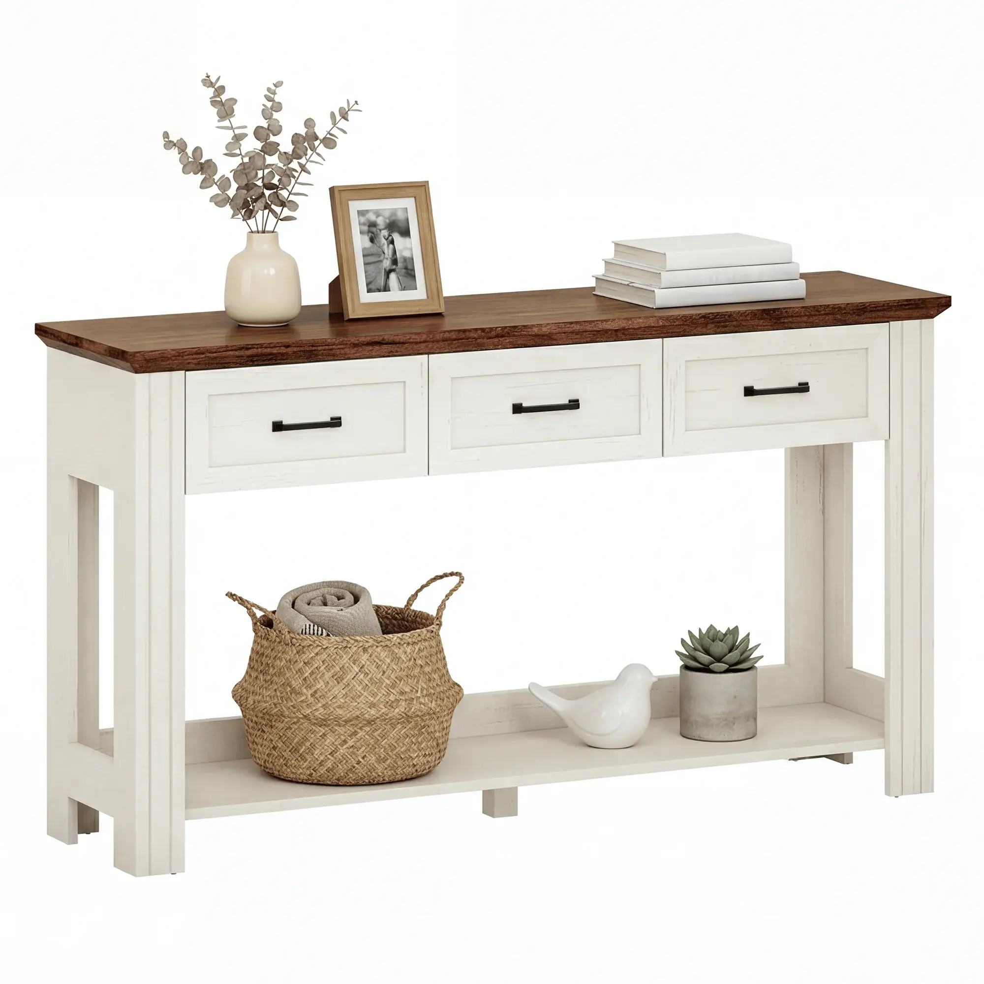 55 inch Farmhouse Console Table with 3 Drawers Warm White