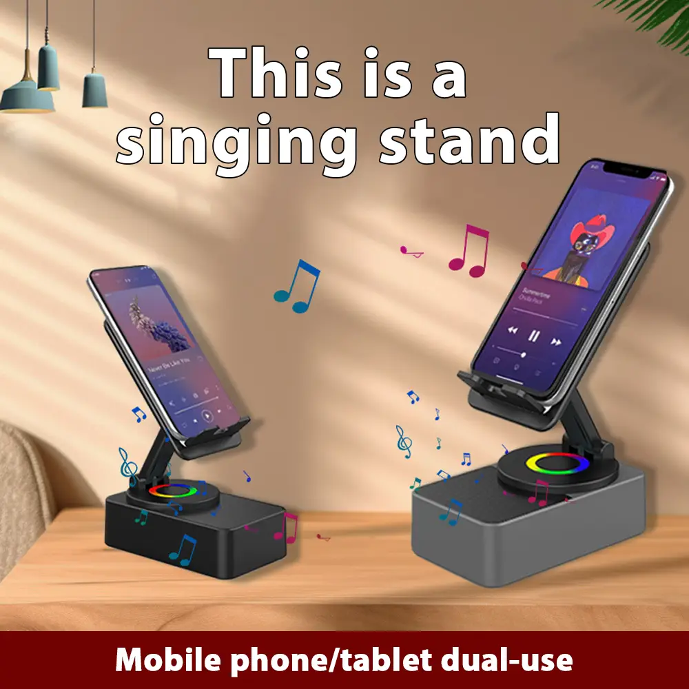 Wireless Audio Bluetooth Speaker 5in1 Phone Holder Emergency Rechargeable  withColorful Ambient Light 300° Foldable for Tablet iPhone Android, Gifts f