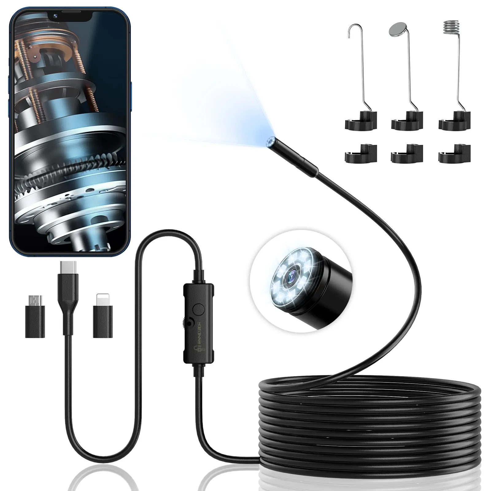 1920P HD Semi-Rigid Snake Dual-Lens Endoscope Camera, IP67 Waterproof Car Repair Diagnostic Tool with 8 Adjustable LED Lights, 16.4ft Inspection Borescope for iOS and Android