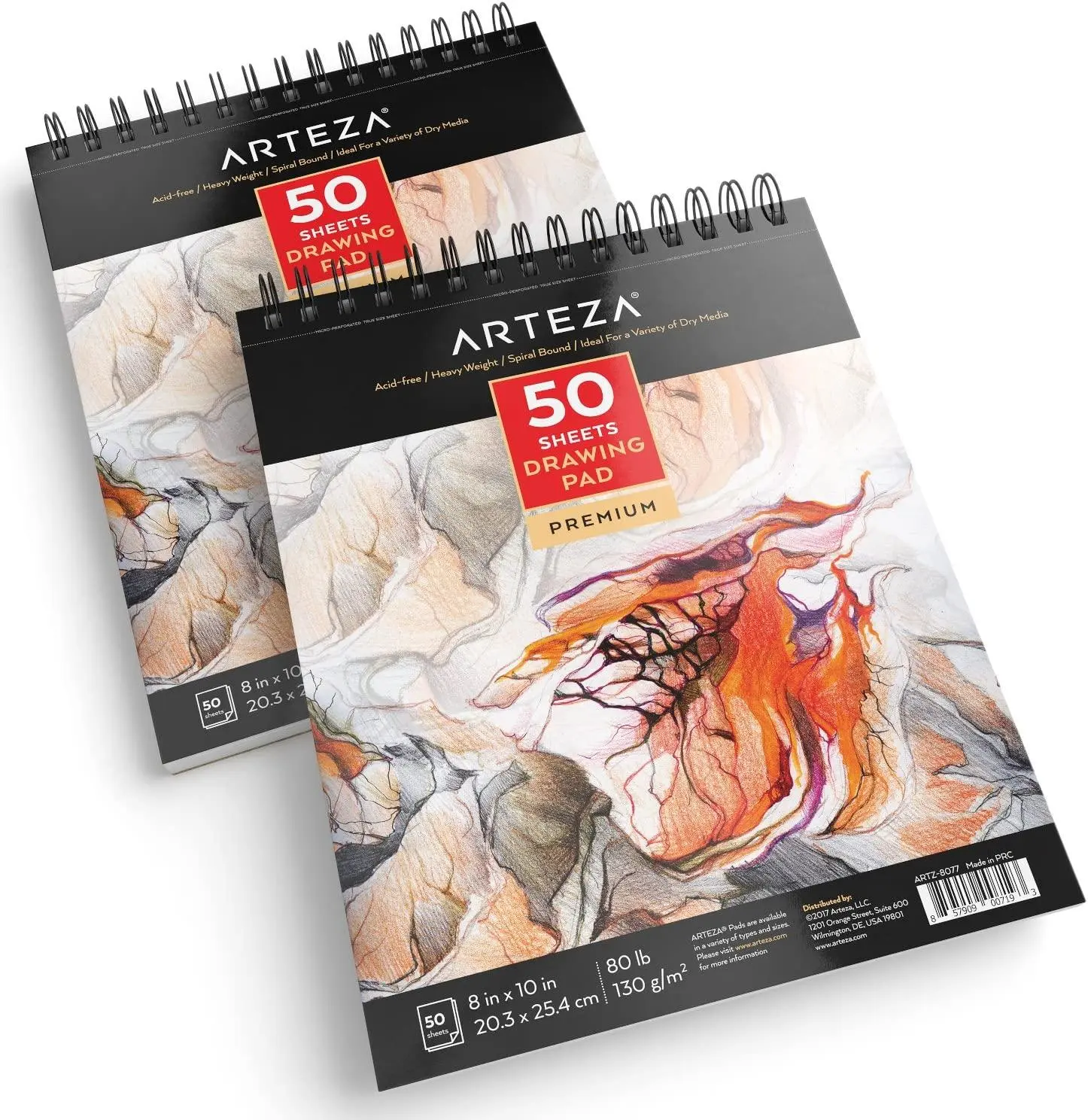 ARTEZA Drawing Paper Pad, 8 X 10 Inches, Pack of 2, 50 Sheets Each, Spiral Bound Artist Drawing Books, Durable Acid Free White Sketch Paper