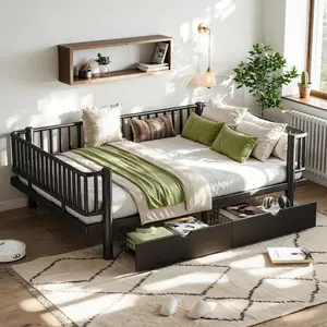 Full Size Metal Platform Bed Frame with Storage Drawers - Upgraded Safety Round-Pipe Design, Low Profile, Black