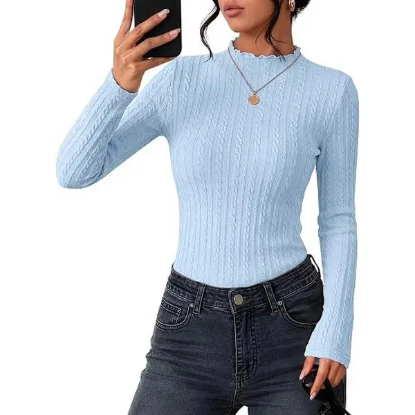 ZESICA Womens Mock Neck Fall Shirts Cable Knit Lightweight Long Sleeve Top | Slim Fit Basic Tee, Lightweight Soft Undershirts, Cute Casual Blouse, Fall Winter Fashion Outfits