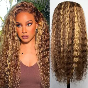 13x4 Highlight Ombre Deep Wave Curly Lace Front Wigs Human Hair Honey Blonde Deep Curly Wig HD Transparent Lace Frontal Wigs Pre Plucked 180 Density Human Hair for Women
