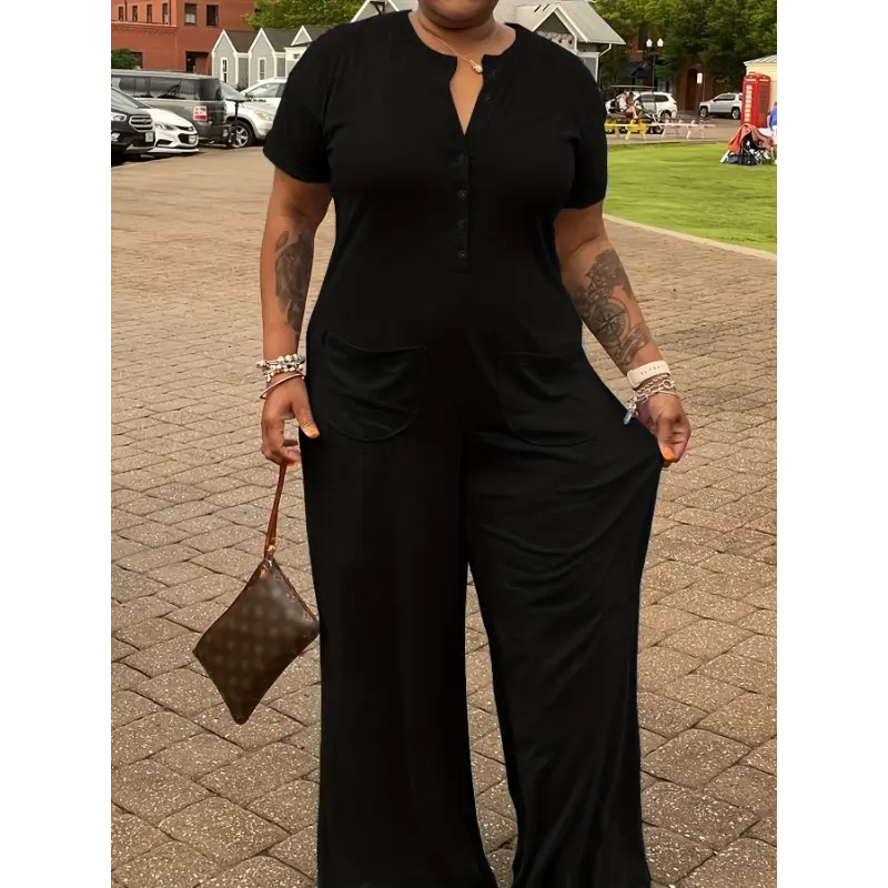Fashion casual solid color patchwork V-neck plus size romper Fashion casual solid color patchwork V-neck plus size romper