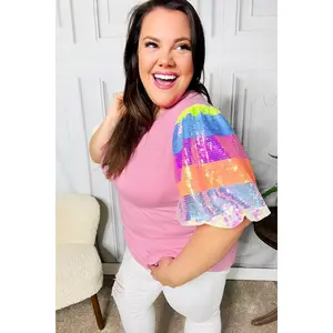 Stand Out Pink Rainbow Sequin Puff Sleeve Top