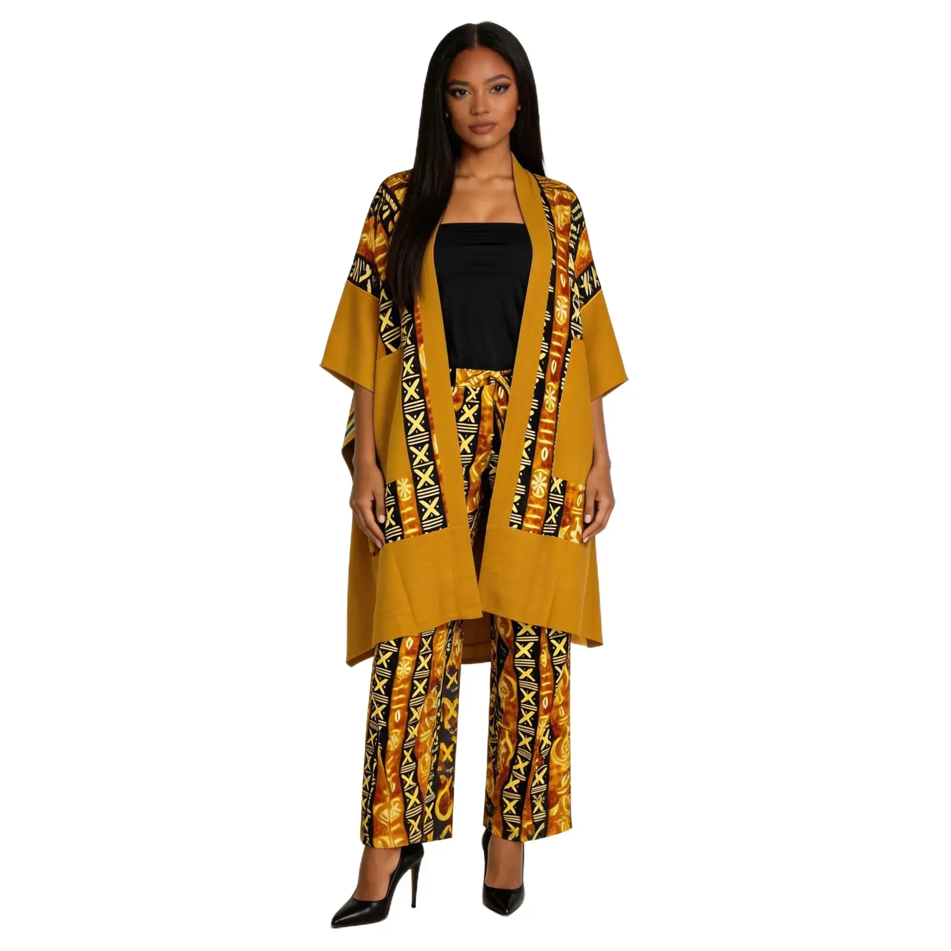 Ankara Kimono & Pants Set with Aso Oke Accent | African Print Two-Piece Outfit with Pockets