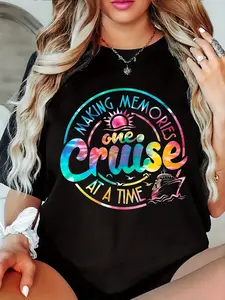 Plus Size Women'S Casual T-Shirt - "Making Memories One Cruise at a Time" Graphic, Round Neck, Short Sleeve, Slightly Stretch Knit Fabric, Comfortable & Versatile Top for All Seasons, Everyday Tshirt |   Stylish Plus Size |   Comfortable Knitwear