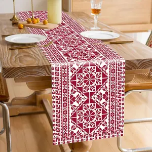 Ethnic Geometric Table Runner, Wine Pixelated Diamond Floral Pattern, Nordic/eastern Traditional Style, 70.8x13.8 Inches, Washable