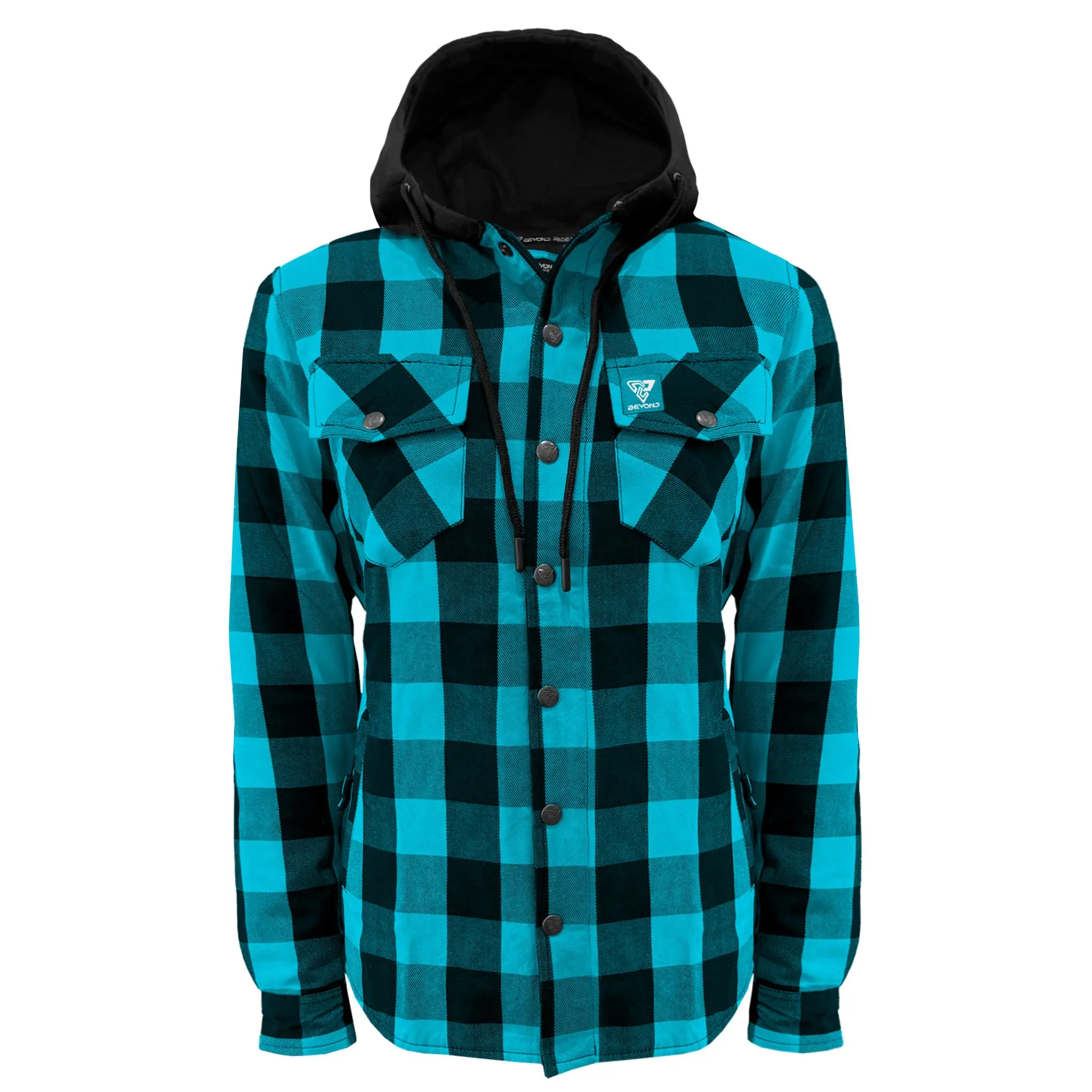 Protective Flannel Hoodie for Women - Aqua Blue and Black Checkered