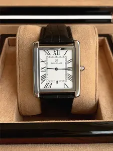 Men's Elegant Quartz Square Watches, Silver Color Sus304 Stainless Steel Case, PU Leather Strap, Roman Numeral Dial, Waterproof Business Wristwatch