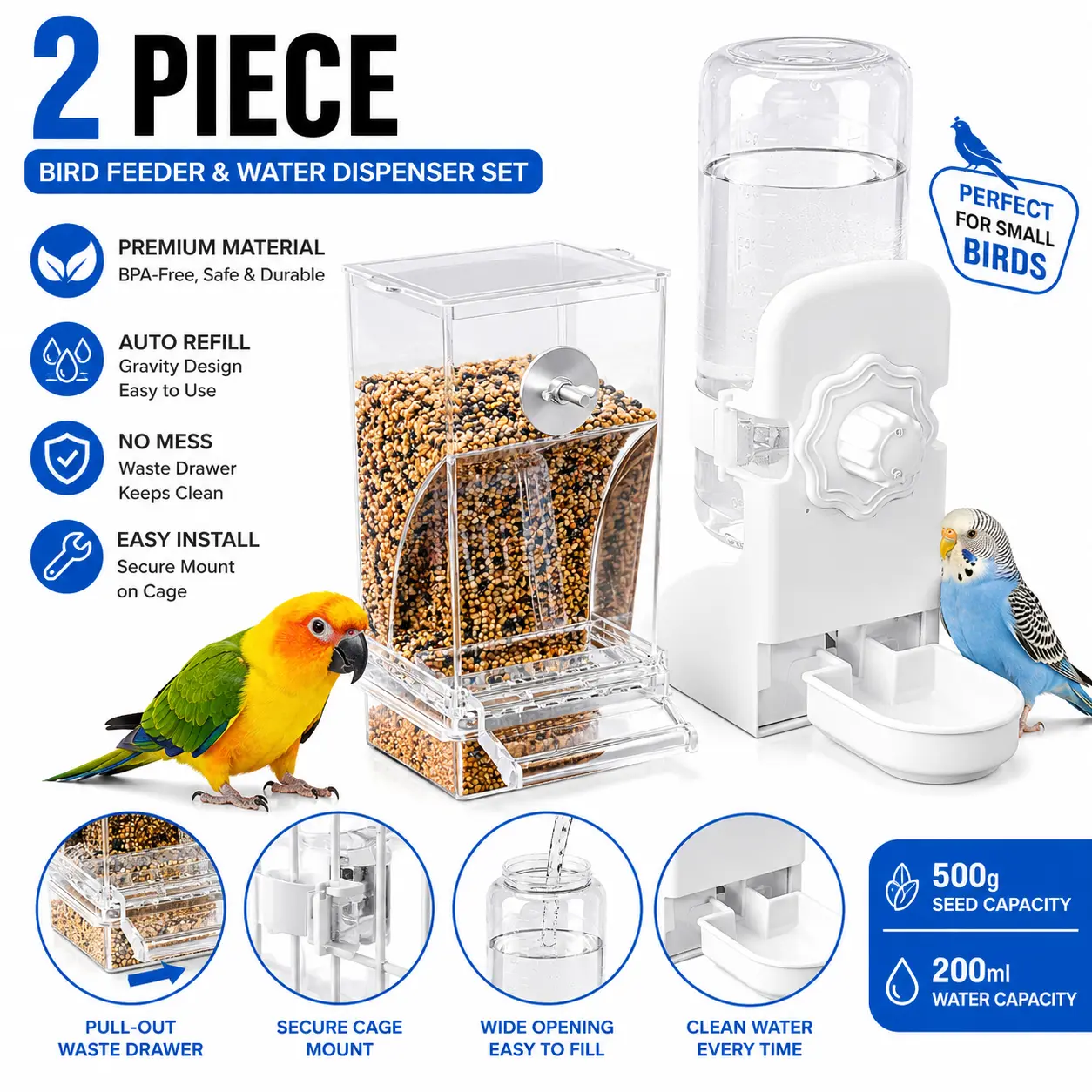 No Mess 2-Pcs Bird Feeder & Water Dispenser Set - Acrylic/PP Transparent Gravity Feeder (500g Seed, Top Fill Lid), Auto Waterer (200ml, Waste Drawer), Cage Mount for Small Birds, Unattended Feed (Clear/Blue)
