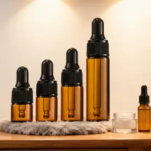 10Pcs Leakproof Dark Amber Glass Dropper Bottles 1ml 2ml 3ml 5ml Travel Size Refillable Vials for Essential Oils Perfume Hair Oils