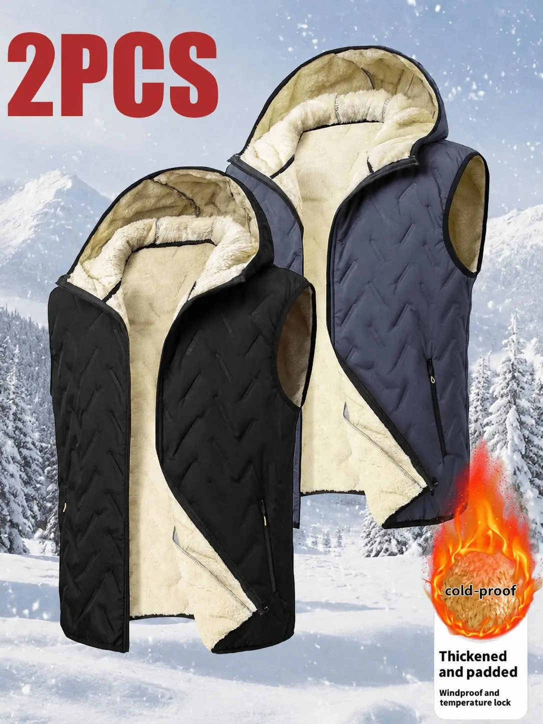 Men's Thick Warm Hooded Padded Chevron Quilted Gilet, Sherpa Fleece Lined Full‑Zip Sleeveless Vest for Everyday & Light Outdoor Activities