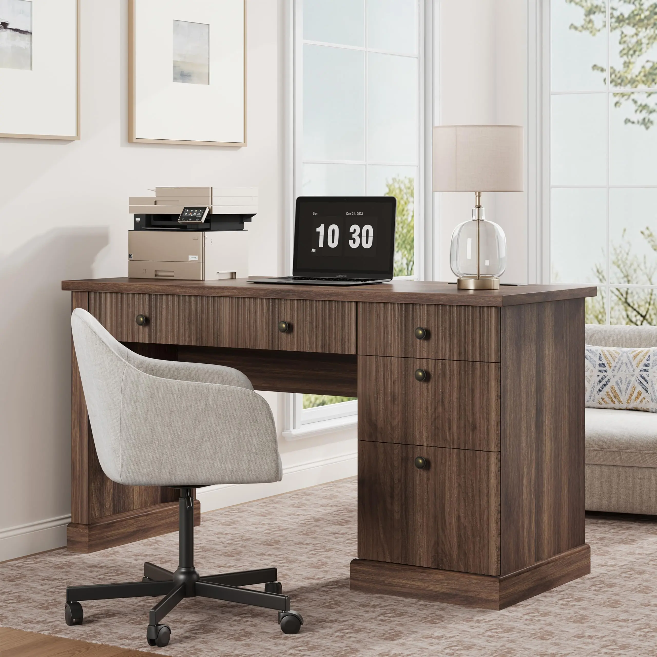 Garvee Fluted Home Office Desk Storage, 54 in Modern Executive Desk with Charging Station, Wooden Computer Writing Desk with File Cabinet & Drawers for Study Room (Brown, 54.0L x 21.6 in D x 30.0"H)