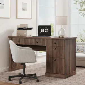 Garvee Fluted Home Office Desk Storage, 54 in Modern Executive Desk with Charging Station, Wooden Computer Writing Desk with File Cabinet & Drawers for Study Room (Brown, 54.0L x 21.6 in D x 30.0"H)