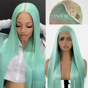 Mint green artificial lace wig with long, smooth hair is made of 13x4 HD transparent lace, suitable for women. Its heat-resistant fiber mimics real hair, with a natural hairline for daily wear, parties, cosplay, or Halloween.